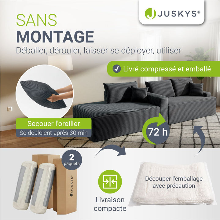 Canapé Coredo avec revêtement en velours côtelé et coussins décoratifs