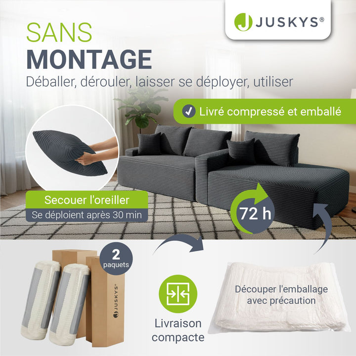 Canapé Coredo avec revêtement en velours côtelé et coussins décoratifs