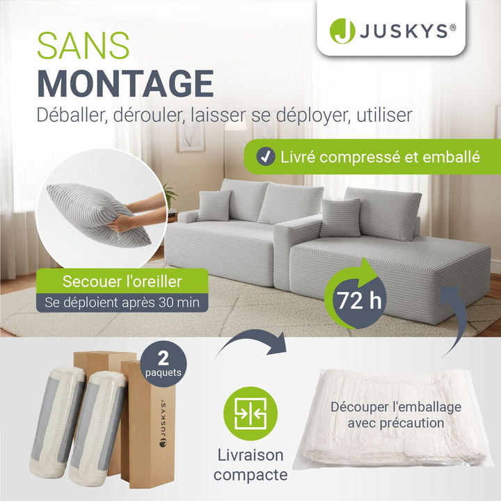 Canapé Coredo avec revêtement en velours côtelé et coussins décoratifs