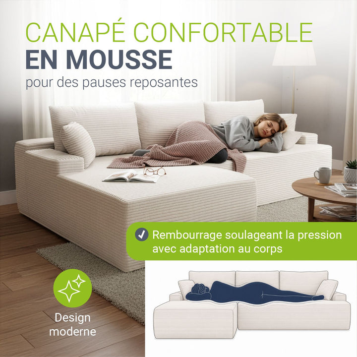 Canapé Coredo avec revêtement en velours côtelé et coussins décoratifs