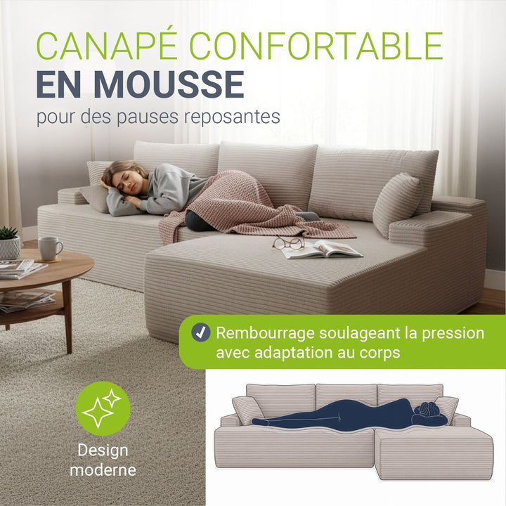 Canapé Coredo avec revêtement en velours côtelé et coussins décoratifs