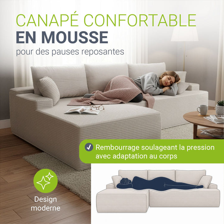 Canapé Coredo avec revêtement en velours côtelé et coussins décoratifs