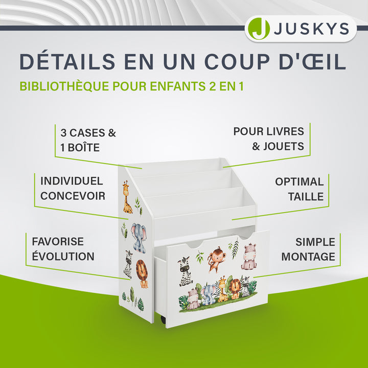Bibliothèque pour enfants avec 3 compartiments et coffre à jouets coulissant