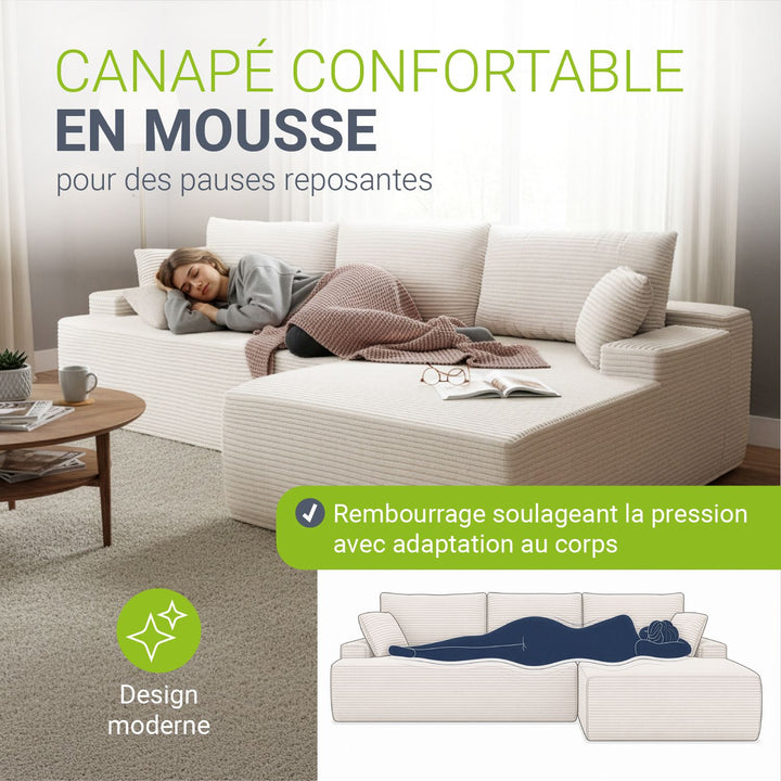 Canapé Coredo avec revêtement en velours côtelé et coussins décoratifs