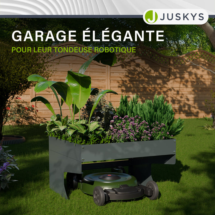 Garage pour tondeuse à gazon robotisée avec jardinière