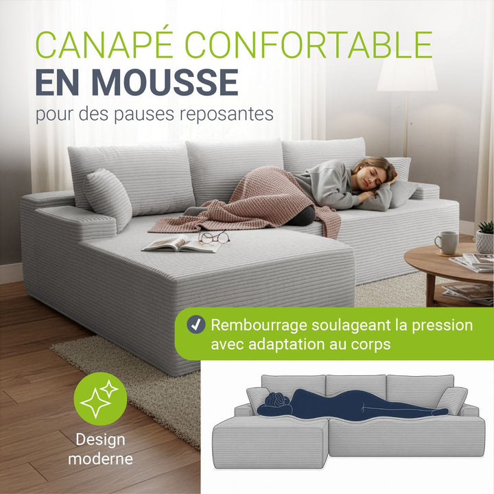 Canapé Coredo avec revêtement en velours côtelé et coussins décoratifs