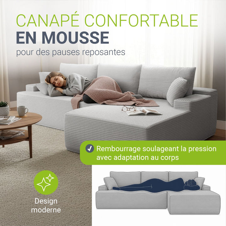 Canapé Coredo avec revêtement en velours côtelé et coussins décoratifs