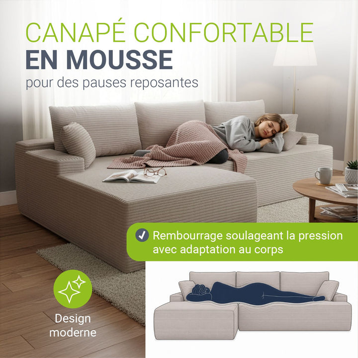 Canapé Coredo avec revêtement en velours côtelé et coussins décoratifs