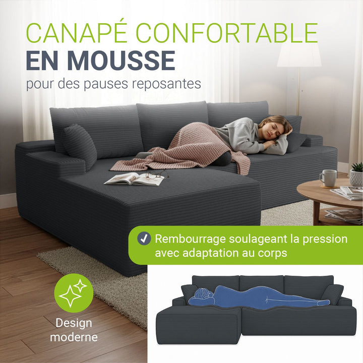 Canapé Coredo avec revêtement en velours côtelé et coussins décoratifs