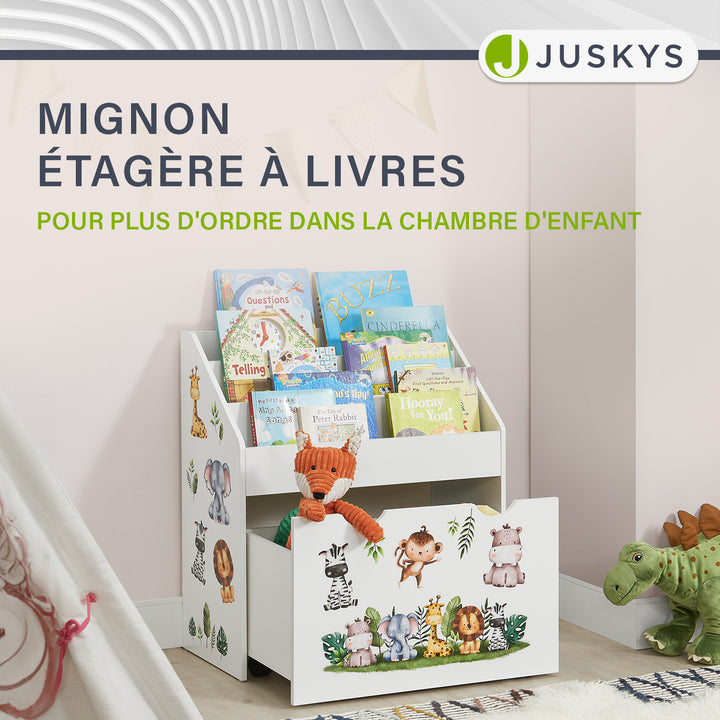 Bibliothèque pour enfants avec 3 compartiments et coffre à jouets coulissant