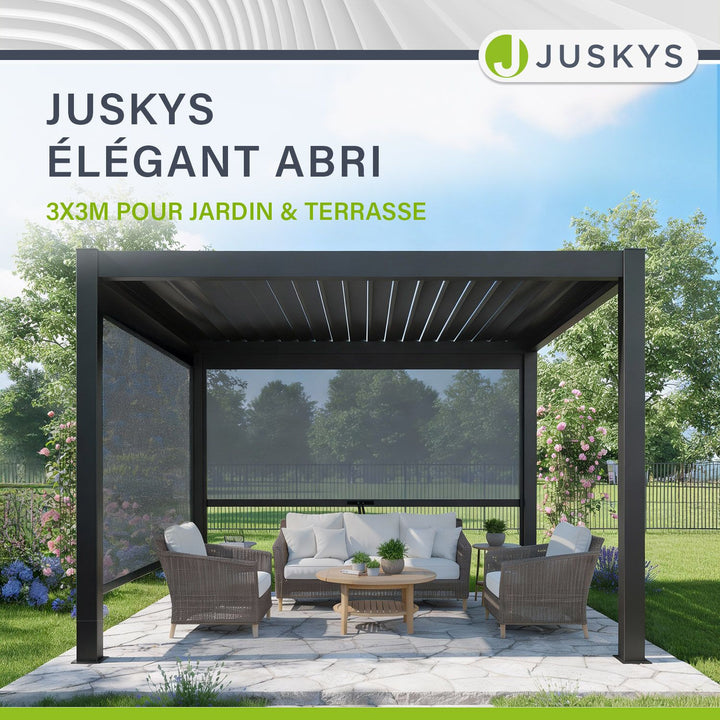Pergola bioclimatique Tahiti 3 x 3 m avec 1 paroi latérale de 3 m
