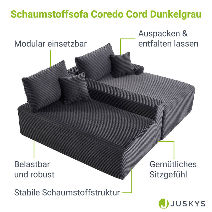 Canapé Coredo avec revêtement en velours côtelé et coussins décoratifs