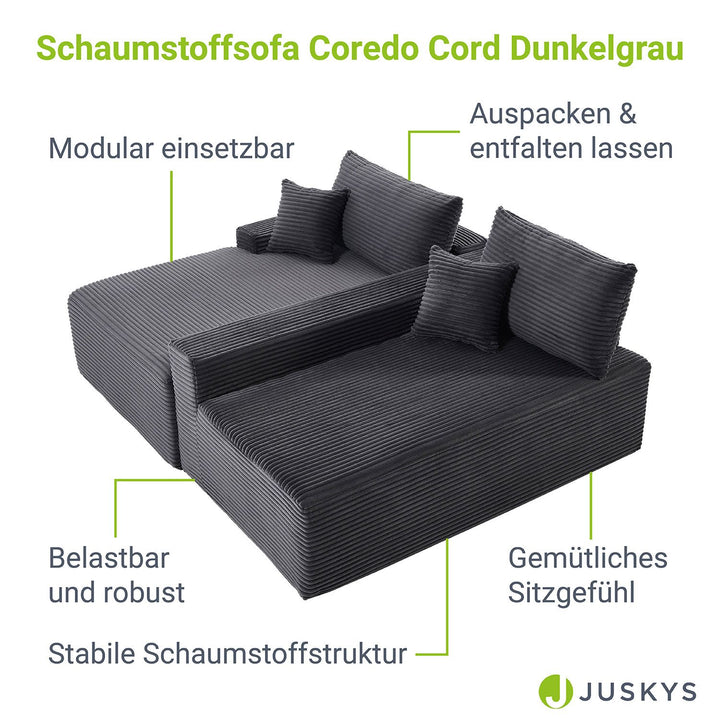 Canapé Coredo avec revêtement en velours côtelé et coussins décoratifs