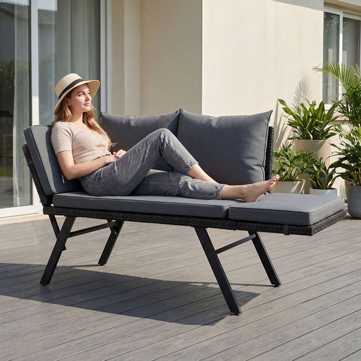 Polyrattan Multifunktionsbank Calvia Schwarz/Grau/Creme