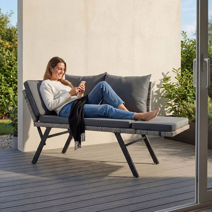 Polyrattan Multifunktionsbank Calvia Schwarz/Grau/Creme